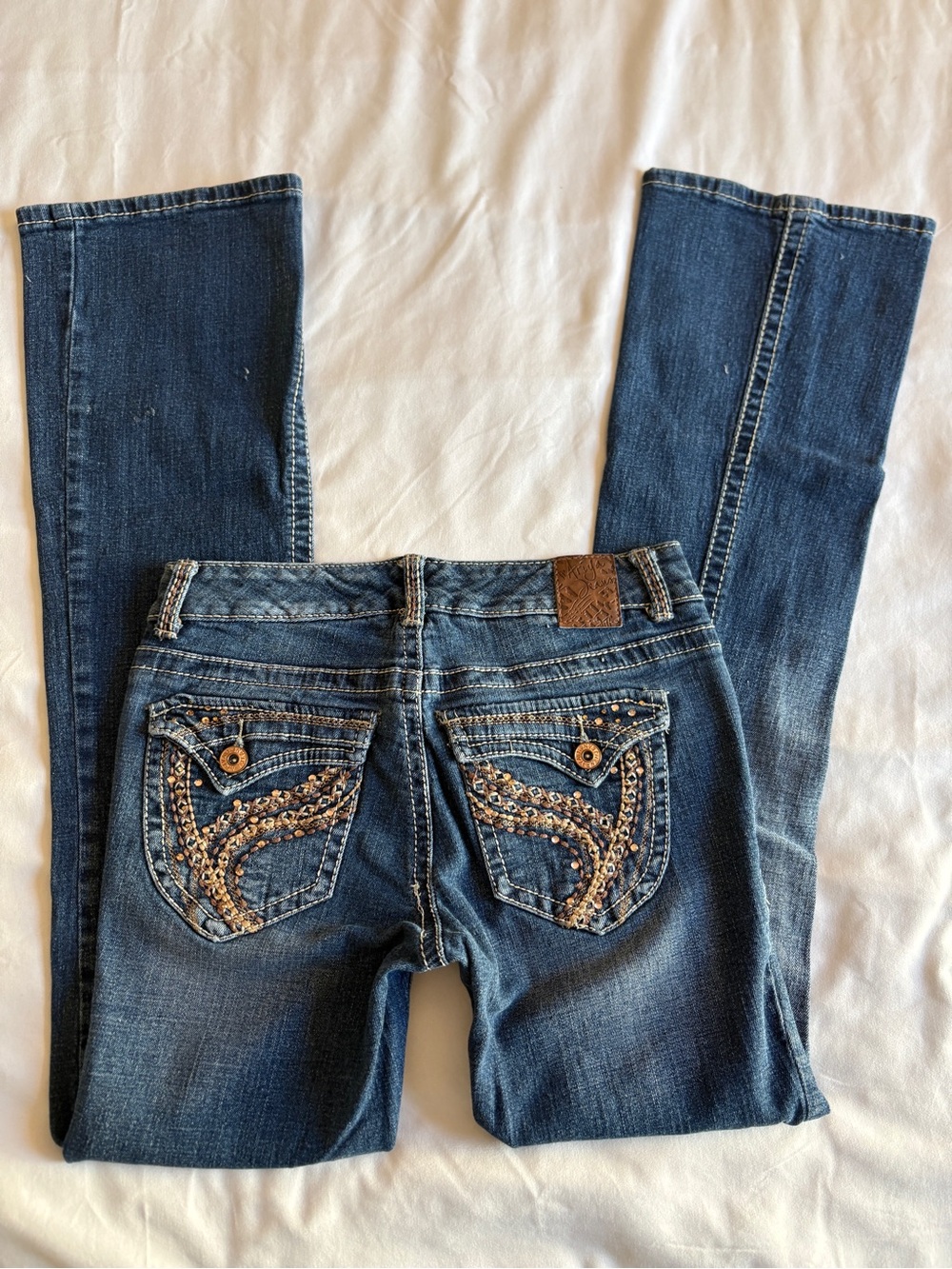 Ariya Medium Wash Bootcut Jeans Brown Rhinestone Western Glam Cowgirl Y2K